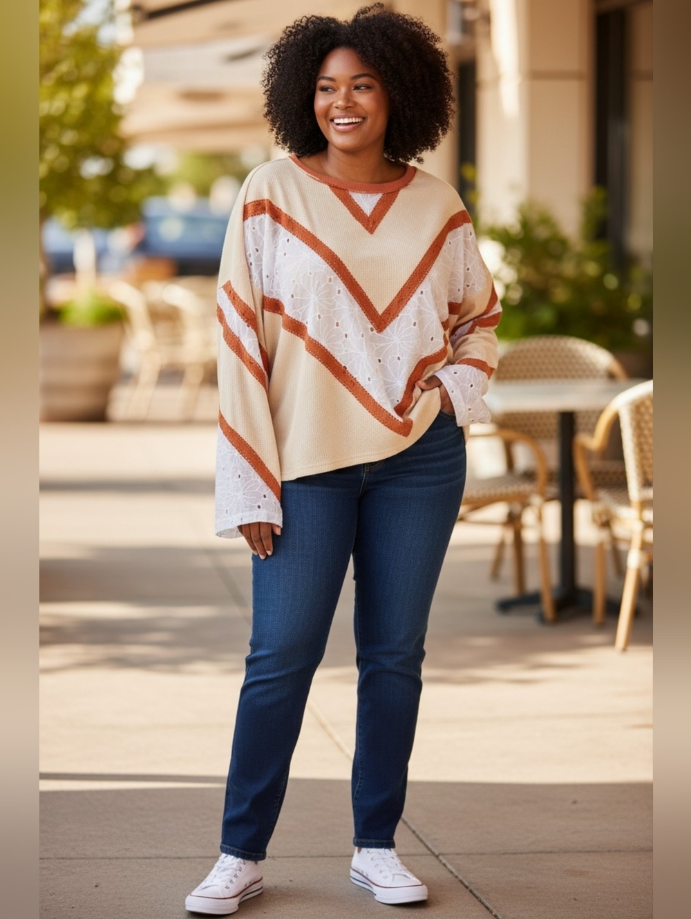 Oddi Cream & Rust Chevron Knit Top